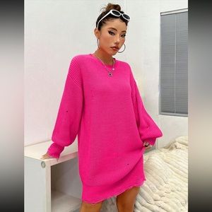 Hot Pink Ripped Drop Shoulder Sweater Dress